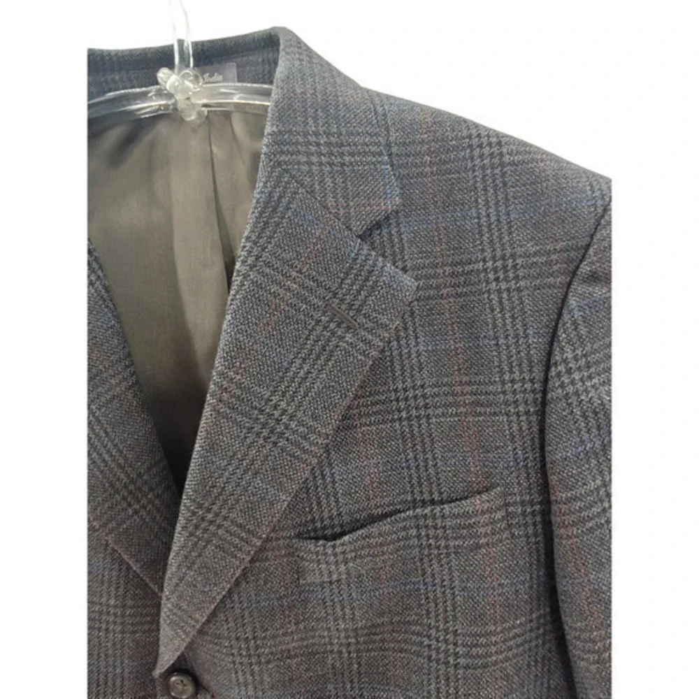 Men's Oscar De La Renta Gray Lambs wool Plaid Three Button Vintage Blazer Jacket
